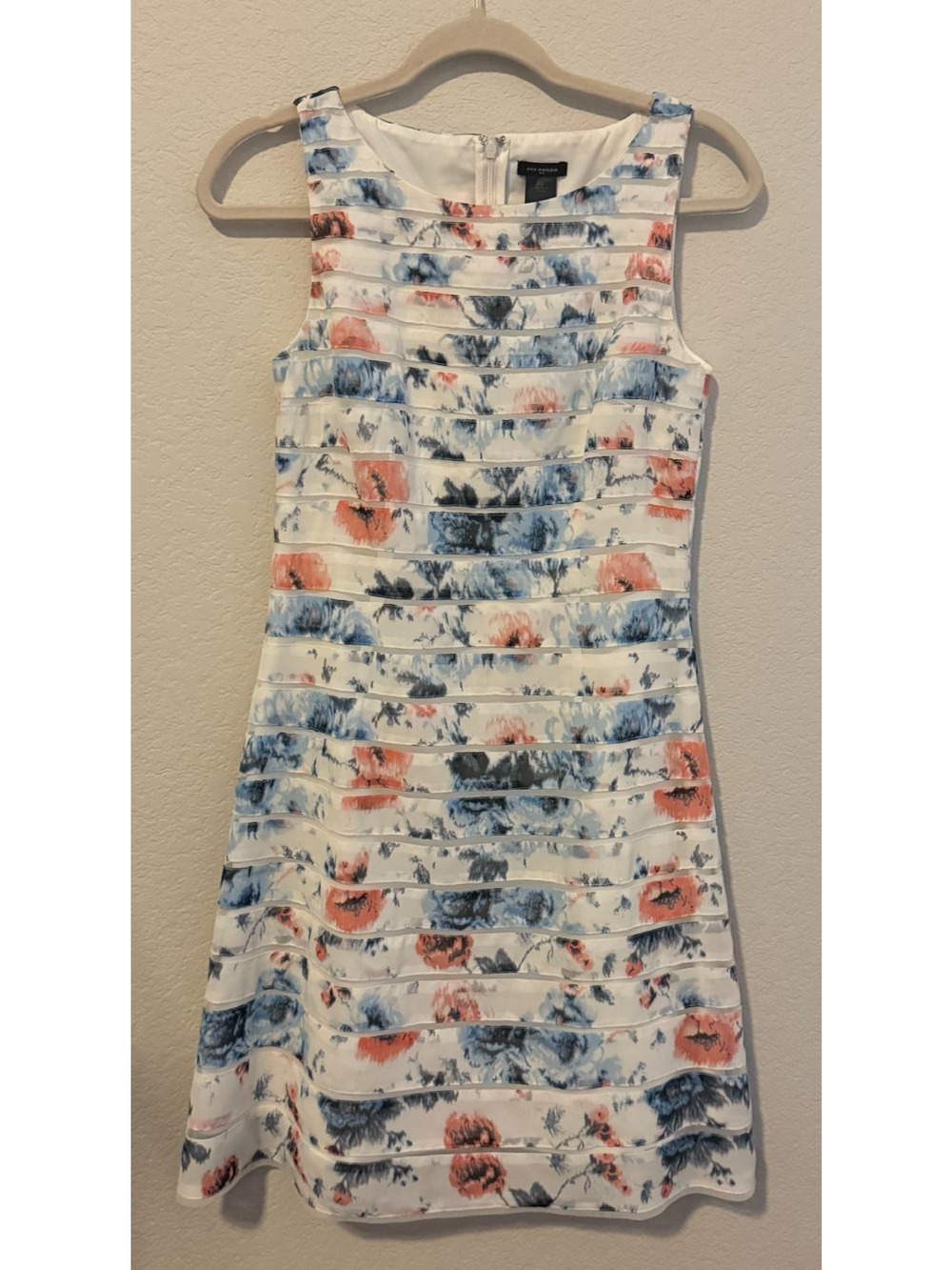 Ann Taylor Shift Dress Fit/Flare White Blue Peach Floral Lined Sleeveless 0 -NWT